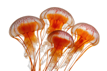 Close-up of four orange-red jellyfish, translucent,  with white-pink dots