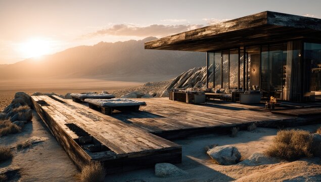 Modern desert cabin at sunset. Wooden deck, glass walls, mountains
