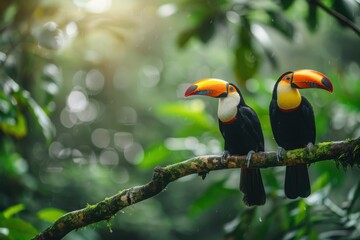 Obraz premium Toucan sitting on the branch in the forest, green vegetation, Costa Rica. Nature travel in central America. Two Keel-billed Toucan, Ramphastos sulfuratus, pair of bird with big bill. Wildlife