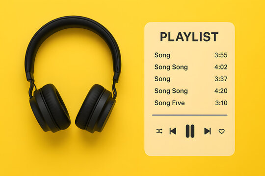 Black headphones and audio playlist interface on yellow background, music streaming player UI with tracklist and play controls, modern digital sound technology design for listening and entertainment a