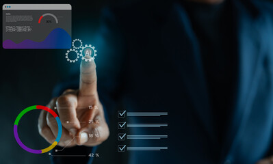 Business man Finger touch AI icon about business data and more, Symbolizing advanced technology integration in business solutions data, Artificial Intelligence, Futuristic technology transformation