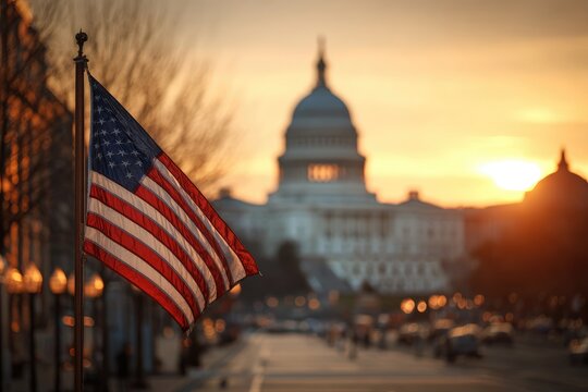 American flag waving in front of the Capitol building at sunset
