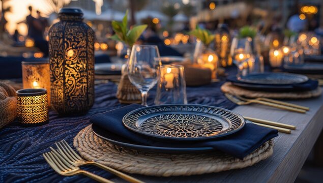 Coastal dining scene at sunset, with dark blue, gold, and woven elements