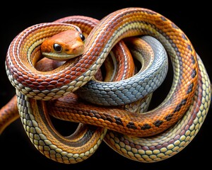 Obraz premium Close up of a colorful snake coiled tightly against a black background