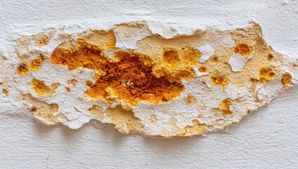 Peeling, yellowed paint on a white wall