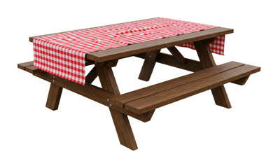 Wooden picnic table with red checkered tablecloth in outdoor setting. Cut out PNG