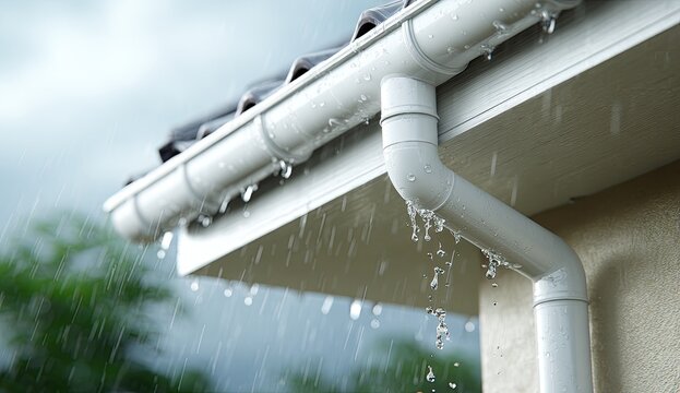 Rainwater dripping from a white PVC gutter system onto a beige house
