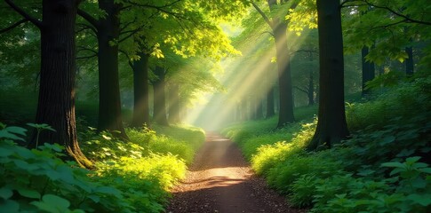 Obraz premium Sun-dappled forest path meandering through lush greenery, sunlight filtering through leaves, creating a magical atmosphere Perfect for travel, nature, and fantasy themes , vibrant, sunlight, magical