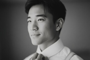 Elegant portrait showcasing young man adjusting his tie, exuding