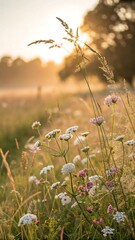 Fototapeta premium Golden Hour Sunrise Illuminates Wildflowers and Dewy Meadow Grass