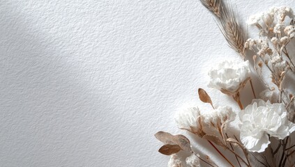 Dried white flowers and grasses on textured paper