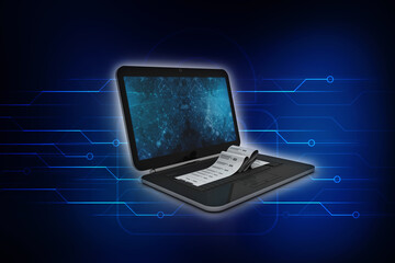 3d rendering Laptop with a stack of documents
