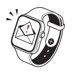Vector illustration of a smartwatch showing an urgent email alert. Monochrome drawing of a wearable device with a message notification.