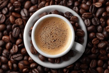 Fototapeta premium Espresso in a white cup surrounded by coffee beans