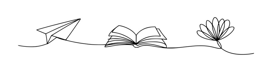 Paper airplane open book flower continuous line art illustration