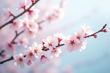 Fototapeta premium Delicate Pink Cherry Blossoms on a Branch Against a Soft Blue Sky