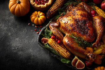 Thanksgiving Day food. Roasted whole chicken or turkey with autumn vegetables and fruits: corn, pumpkin, pumpkin pie, figs, apples, on dark grey background, top view copy space