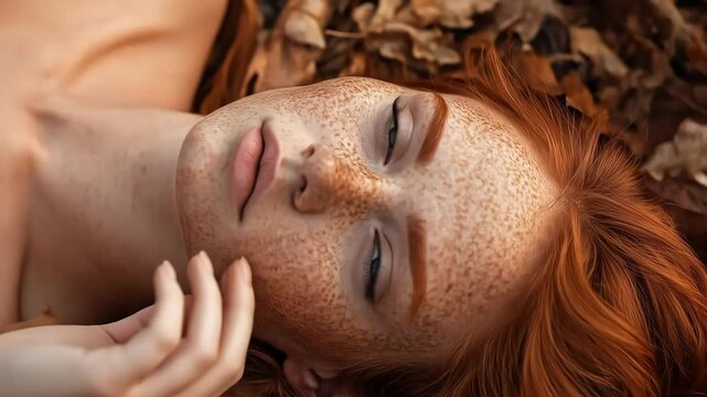 A beautiful young woman with red hair and freckles lies peacefully among autumn leaves, her eyes open and serene.