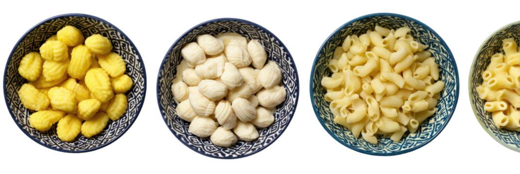 Three bowls of uncooked pasta and gnocchi