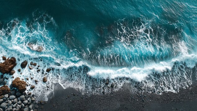 Aerial View of Turquoise Ocean Waves Crashing onto Rocky Black Beach - Powered by Adobe