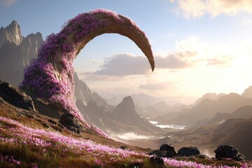 Floral arch rock formation, mountain landscape, sunrise