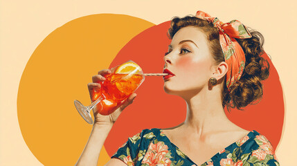 Bold mid century MCM commercial style image of a woman enjoying Aprerol spritz, copy space,  wide horizontal landscape format with copy space 16:9