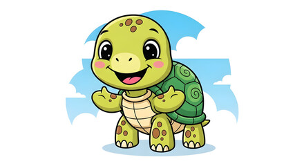 Obraz premium Happy Green Turtle Cartoon Smiling on White Background