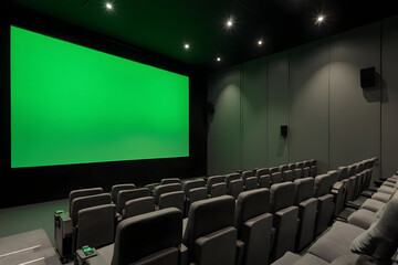 Empty Movie Theater with Green Screen Ready for Content