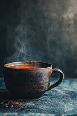 Fototapeta premium Steaming cup of dark-hued hot beverage