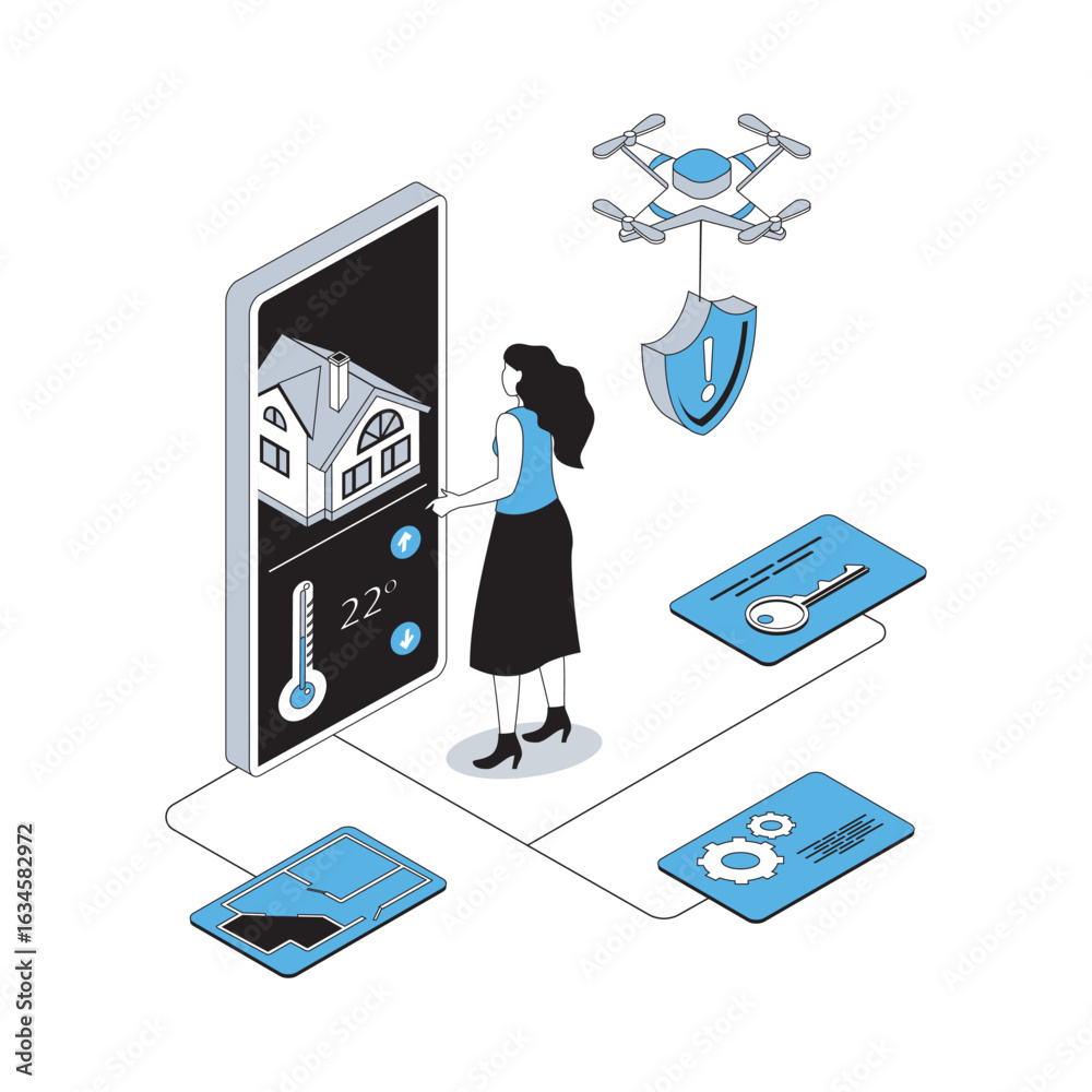 Wall mural smart home 3d isometric concept with isometry people design for web. woman using automation sensor s