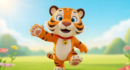 Smiling Cartoon Tiger Waving Hand in Sunny Outdoor Setting