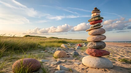 Serene beach scene featuring a balanced stone tower against a backdrop of beautiful skies and coastal vegetation landscape.