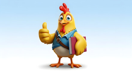 Cartoon Chicken Giving Thumbs Up With School Book on Light Blue Background
