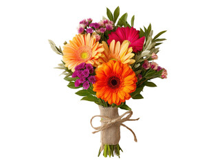 Naklejka premium Vibrant gerbera daisy bouquet with purple statice and green leaves orange yellow, Isolated, Png Transparent Background