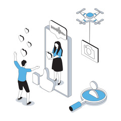 Social network 3d isometric concept with isometry people design for web. Man watching live broadcasting of influencer with, leaving comments and likes to new posts, following. Vector illustration