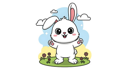 Cartoon White Rabbit Standing on Green Grassy Field with Flowers