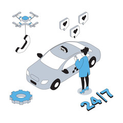 Taxi service 3d isometric concept with isometry people design for web. Woman calling and ordering car cab to city transportation, using fast automobile transfer with best drivers. Vector illustration