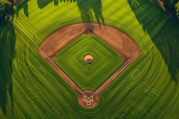 Aerial view of baseball field, green grass and base lines, sunny day, outdoor sports stadium, symmetrical layout.