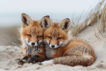 Wild baby red foxes cuddling at the beach