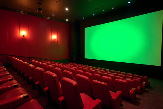 Empty Cinema Theater with Green Screen and Red Seats - Powered by Adobe