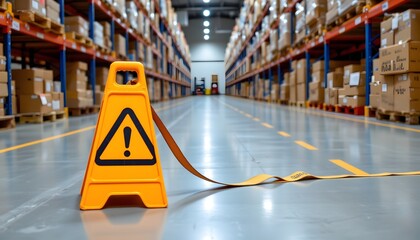 Warehouse Safety: A striking caution sign, signaling potential hazards within a modern warehouse, set against a backdrop of towering shelves stacked high with goods.