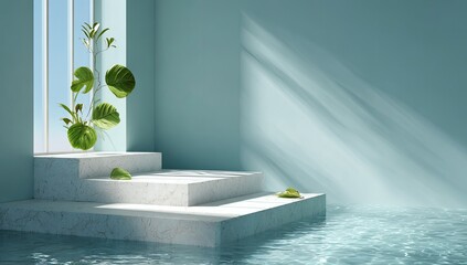 Minimalist, light-filled display podium in a light teal room with a plant and water