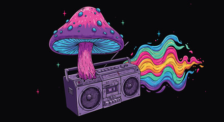 Vector Illustration of Psychedelic Mushroom with Boombox in Modern Colorful Style