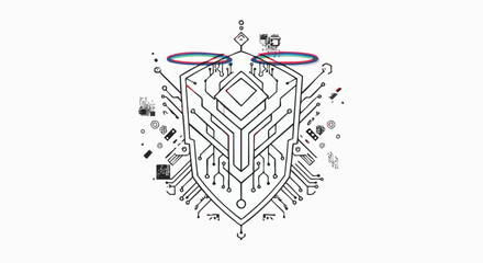Vector Illustration of a Futuristic Cybersecurity Shield with Circuit Patterns in Modern Minimalist Style