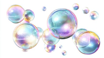Colorful Soapsuds and Bubbles Floating in Air on White Background