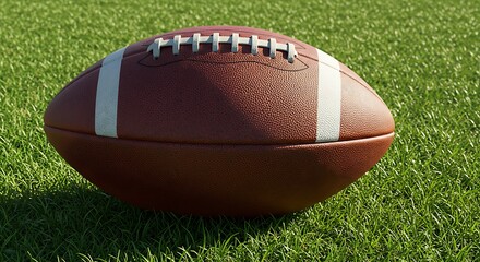 Obraz premium Iconic American Football Poised on a Sunlit, Manicured Grass Field