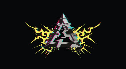 Abstract Geometric Vector Illustration of Triangular Pyramid with Neon Flame Elements in Futuristic Style