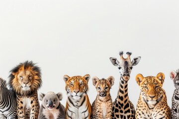 Naklejka premium Wild Zoo Animals on White Web Banner