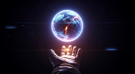 A glowing planet hovers above a hand in space