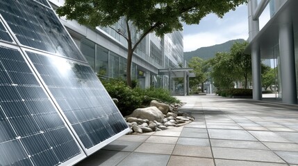 Solar panels absorbing sunlight in urban environment with skyscrapers in background during daytime